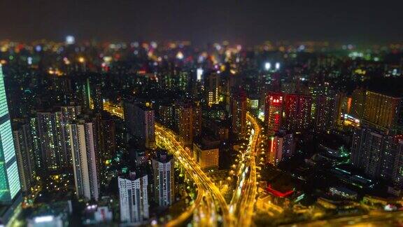 夜间时间照亮广州市景交通路口空中倾斜移位全景4k时间间隔中国