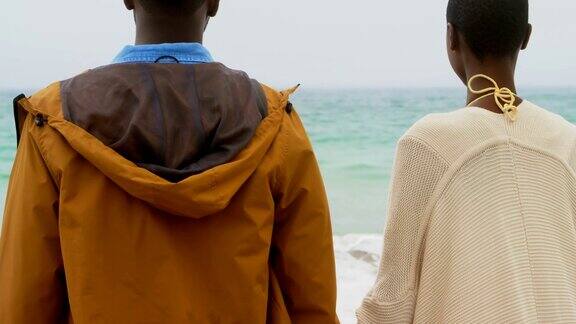 后视图非洲裔美国人夫妇站在沙滩上手牵手4k