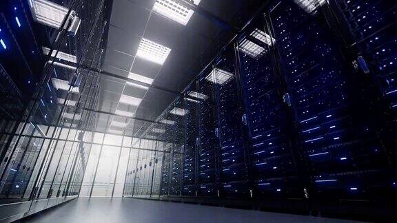 现代化的内部服务器室数据中心云计算数据中心服务器室连接和网络备份采矿主机主机农场云和计算机机架4K超高清3d动画