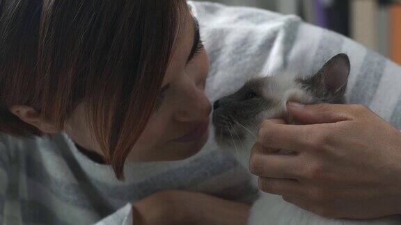 女人抱着她美丽毛茸茸的猫