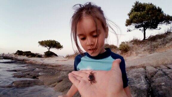 海滩上的小女孩和螃蟹支持的父亲学习的过程