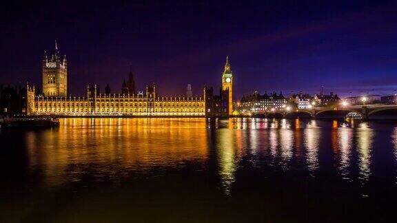 伦敦城的大本钟和议会大厦从白天到晚上的延时HD1080