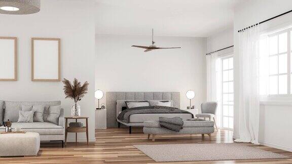 现代风格的白色卧室和客厅动画3d渲染