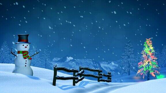 雪人和圣诞树在冬天的夜晚滚动的风景