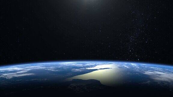 地球从空间星星闪烁飞越地球4K地球缓慢地自转现实的气氛3d体积云画框里没有太阳