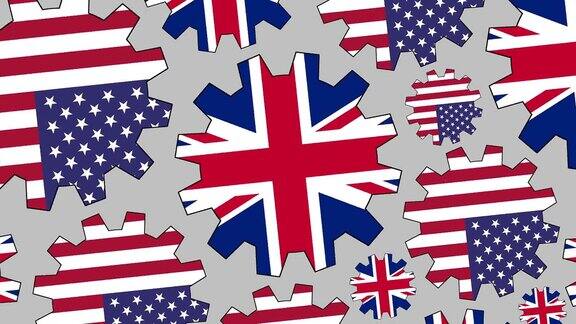 美国和英国国旗齿轮旋转背景缩小