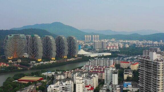 三亚市景著名的酒店公寓综合楼滨江航拍4k中国海南全景