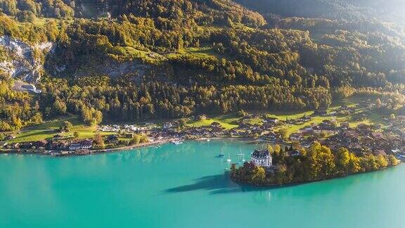 LakeBrienzLandscape蓝绿色Iseltwald瑞士Aerial4k