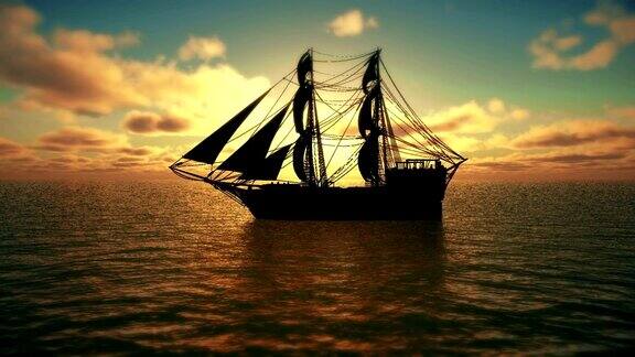 日落在海上旧船