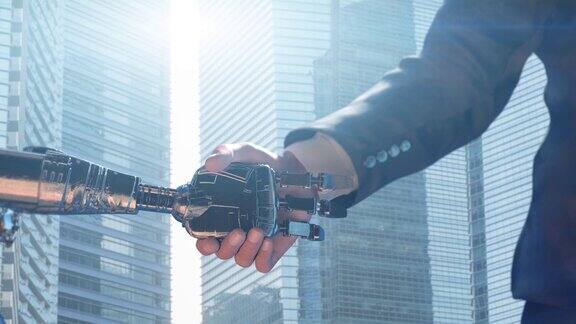 一个商人和一个机器人握手商业创新理念3d渲染