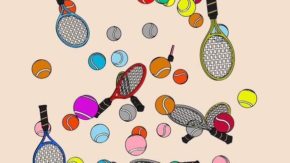 卡通风格的彩色网球和网球拍在米色的背景