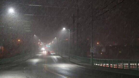 夜间暴雪天气下汽车在城市中行驶存在交通危险