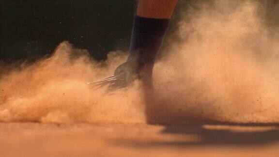 一个网球运动员的腿在地面上滑动超慢动作