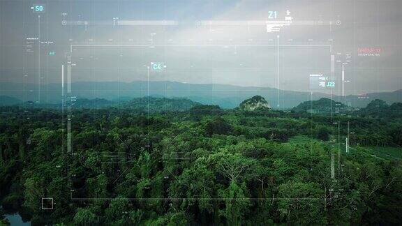 鸟瞰图森林风景和无人机用户界面与图形条规模的网络和未来概念与黑暗和纹理处理