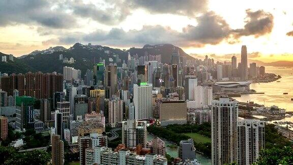高清延时:空中香港城市景观日落