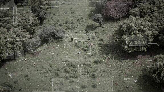 监视无人机的士兵通过一个森林与hud图形