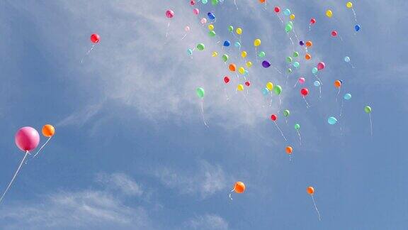 蓝色天空背景上五颜六色的气球