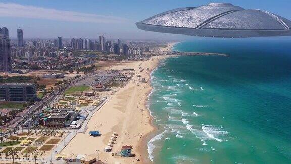 外星人飞碟飞碟宇宙飞船飞过大海和大城市的海岸线