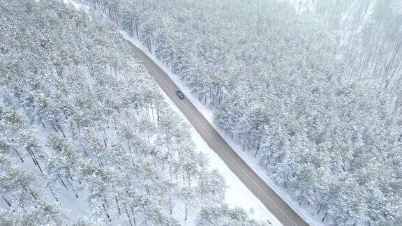 汽车行驶在遥远的道路上穿过雪原森林