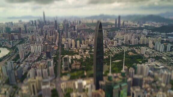 深圳城市景观晴天KK100建筑航拍全景4k倾斜移位时间推移中国