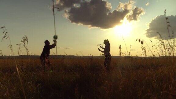 日落时年轻人在草地上打排球