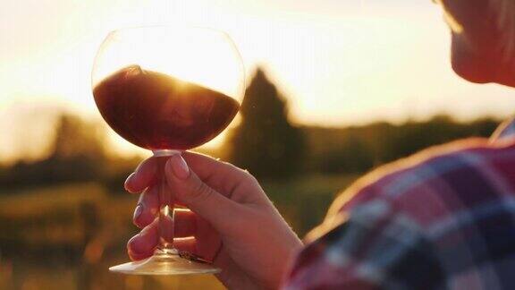 阳光照射在一杯红酒里那只手拿着一只以葡萄园和夕阳为背景的玻璃杯