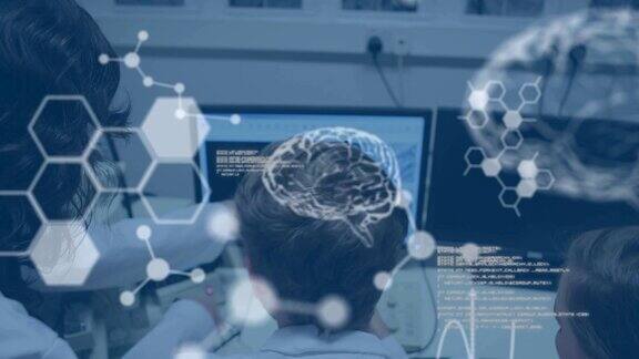 3d大脑和六边形科学家在实验室的背景
