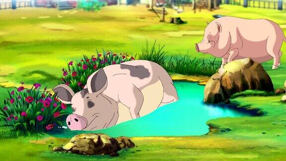 两只粉红猪在水坑旁边
