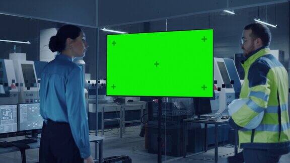 办公室会议:自信的女项目经理到总工程师观看交互式数字白板电视显示绿屏色度键显示现代化机械工厂