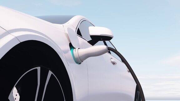 充电电动汽车电动汽车在天空背景下充电使用可再生能源的车辆三维可视化