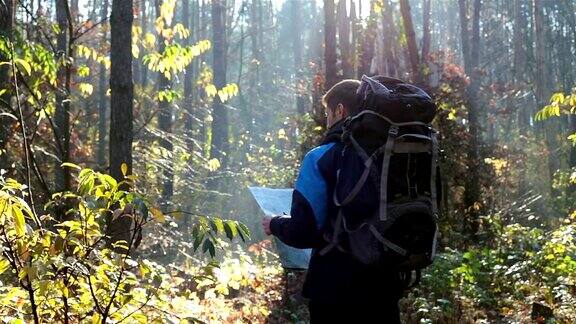 一个旅行者手里拿着一张地图走在一个陌生的森林里
