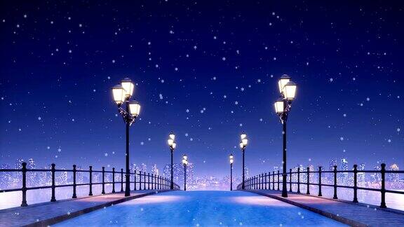 雪夜街灯照亮城市桥
