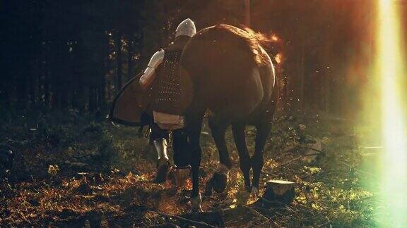 中世纪骑士带领他的马进入战斗战士镀甲头盔剑和纯种马电影光晕战争入侵征服后退跟随慢动作
