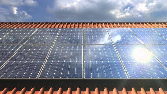 晴朗天气下拍摄屋顶上的太阳能电池板模块