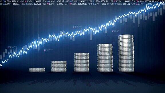 堆砌金币和增加蓝色波形线表示股票市场下降经济利润