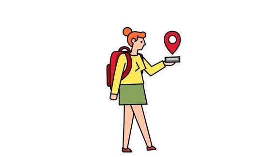 线性风格平棍图象形图颜色女人女孩Character与背包旅行GPS导航员动画LumaMatte