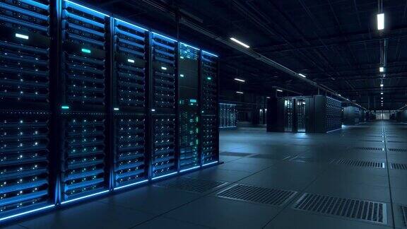 在黑暗设施中工作的现代数据技术中心服务器机架物联网概念大数据保护存储加密货币农场云计算