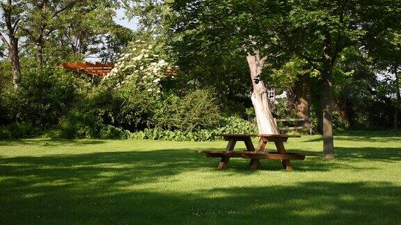 在奥地利维也纳的多瑙帕克孤独的木桌和长凳