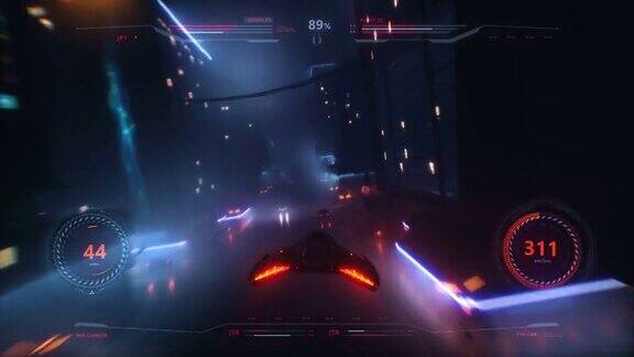 速度飞船赛车3D视频游戏与HUD霓虹风格的城市