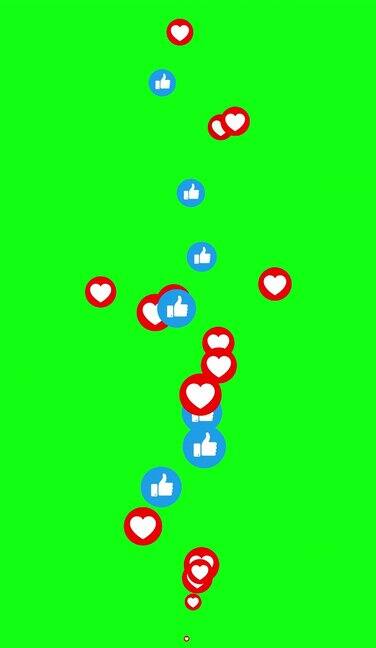 无缝循环社交媒体现场风格动画图标上的绿色背景爱的心和竖起大拇指的符号情人节生活流色度键
