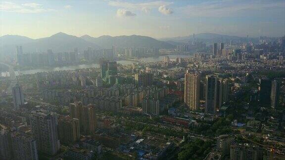 阳光明媚的日落光线白天时间珠海城市景观航拍全景4k中国
