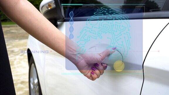 扫描指纹生物识别进入汽车未来的智能汽车技术概念