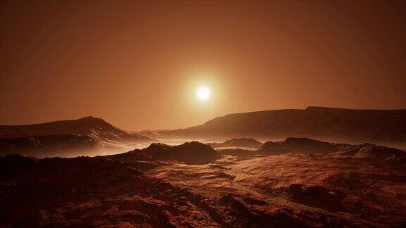 火星沙漠的红色星球表面日落时的侧面鸟瞰图