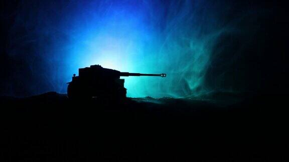 战争军事剪影战斗场景的战争雾天空的背景装甲车辆的剪影下阴天在晚上攻击的场景坦克的战斗艺术品装饰
