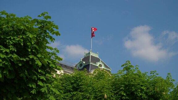 晴天苏黎世城著名建筑屋顶国旗慢镜头全景4k瑞士