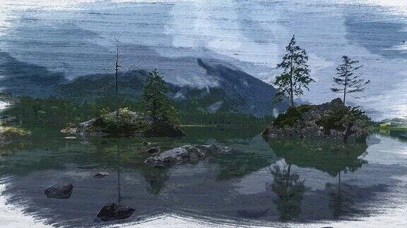 水彩画的时间推移湖腹地在阿尔卑斯山在德国