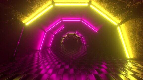 飞行穿过六角形的走廊发光的隧道粉黄色的霓虹灯抽象的背景80年代的复古风格流行音乐舞台时尚领奖台无缝循环3d渲染