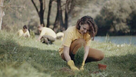 一位年轻女性正在种树栽培树苗树木健康轻松