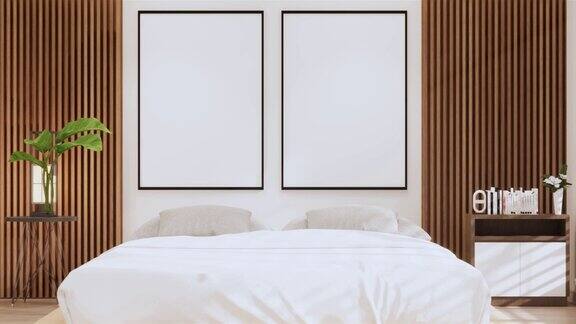 卧室日式简约风格现代白墙和木地板房间极简主义三维渲染