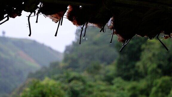 雨水从农村的茅屋屋顶上落下